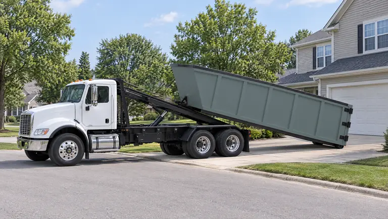 Illustration: a roll-off truck setting a dumpster on a home driveway