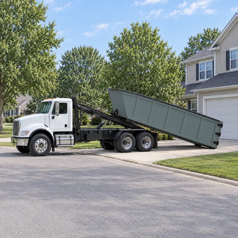 Illustration: a roll-off truck setting a dumpster on a home driveway